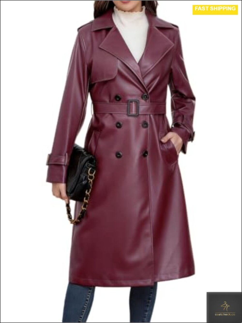Womens Waterproof Faux Leather Trench Coat Double Breasted Belted Long Jacket